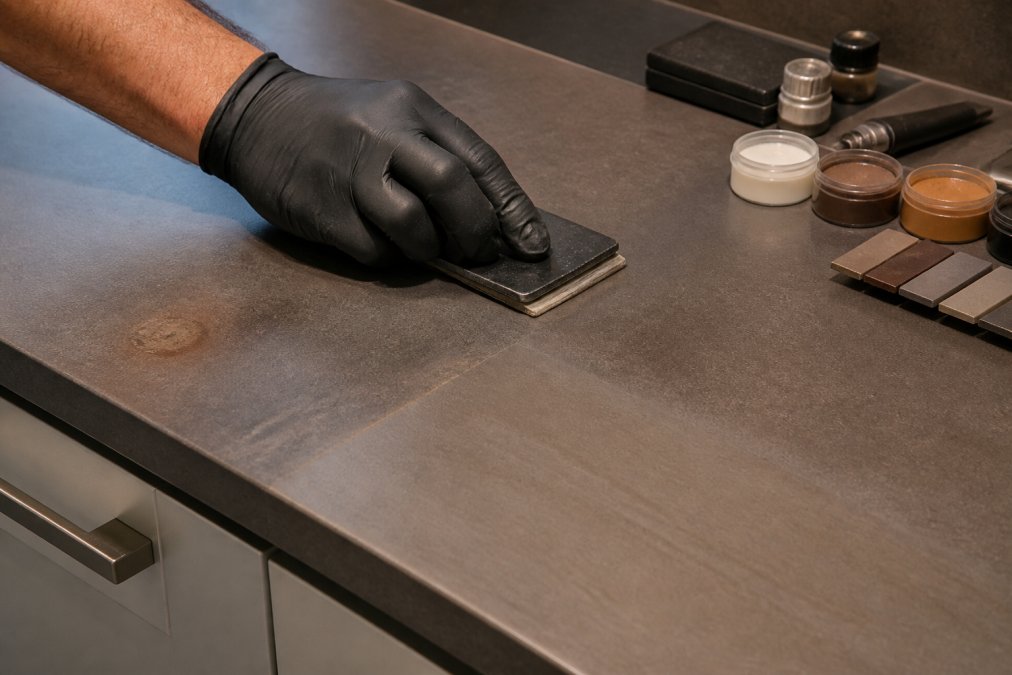 Close-up of a specialist's gloved hand applying a smoothing tool to a previously burned laminate worktop surface, the restored area showing a clean, even finish under bright workshop lighting, with specialist repair compounds and colour-matched materials visible on the counter beside the repair zone