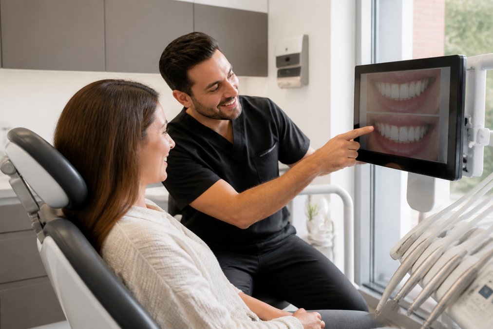 Patient seated in modern dental chair during consultation, dentist pointing to smile design mockup displayed on chairside monitor, treatment plan visible on screen
