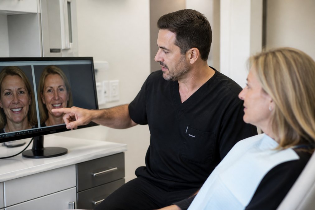Professional dentist in modern clinical setting reviewing digital smile design mockup with patient on monitor, showing personalized treatment planning with natural lighting