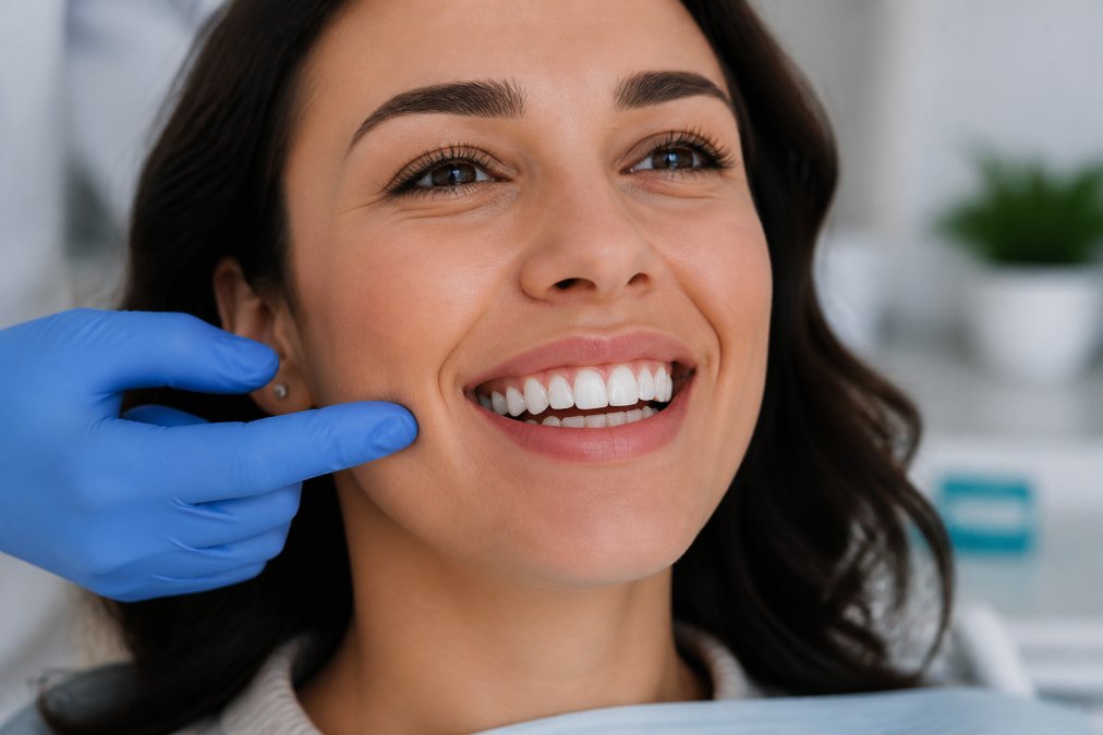 Close-up of a patient's smile showing bright, naturally aligned teeth in a dental clinic setting with professional lighting