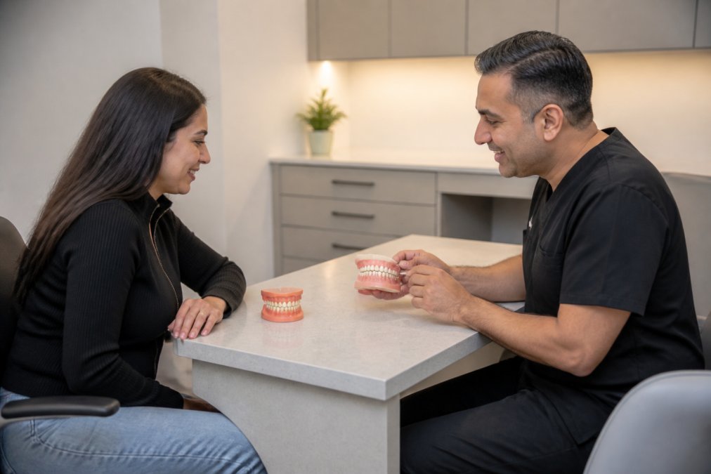 Dentist consulting with a patient at a desk, reviewing digital smile design images on a computer screen