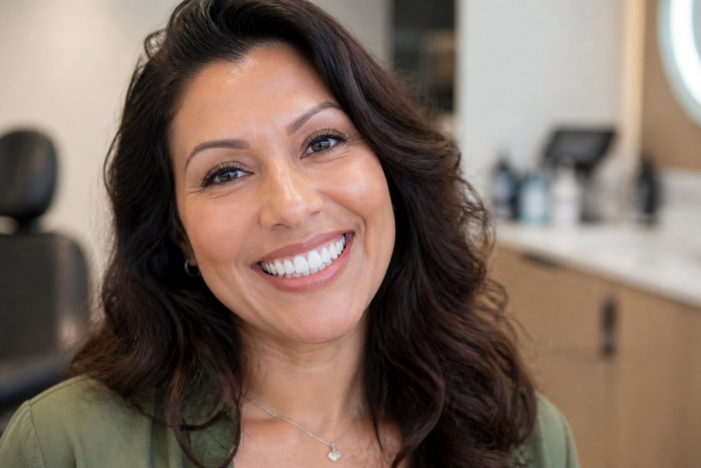 Close-up of a patient's bright, radiant smile after cosmetic dental treatment, showing natural-looking teeth with excellent symmetry and color and visible confidence