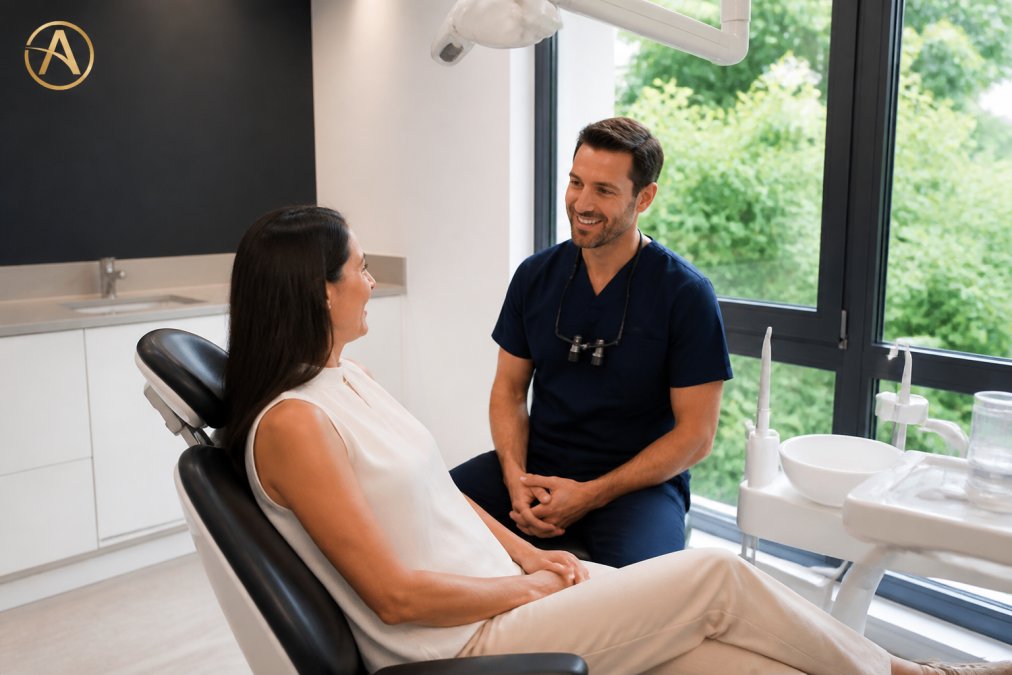 A relaxed patient sitting in a modern dental chair, smiling and speaking with a reassuring dentist in a bright, clean dental surgery with natural light from a large window