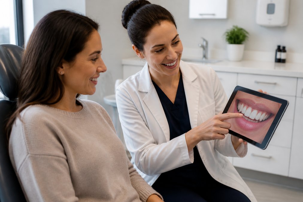 A dental professional in a white coat showing a patient a smile design on a tablet screen during a consultation, both looking engaged and relaxed in a modern dental practice with clean white walls and soft overhead lighting