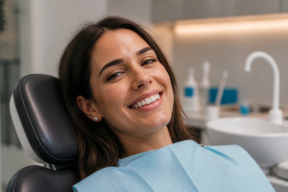 Close-up of a patient smiling with bright, even teeth seated in a modern dental chair under warm clinical lighting, suggesting a confident and relaxed post-treatment result