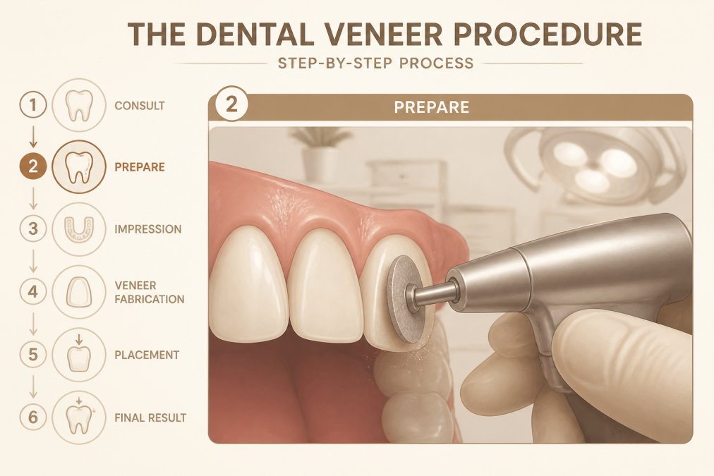 Professional dentist preparing a tooth surface with a polishing tool in a modern clinical setting, showing detailed view of the tooth preparation process with proper lighting and clinical environment