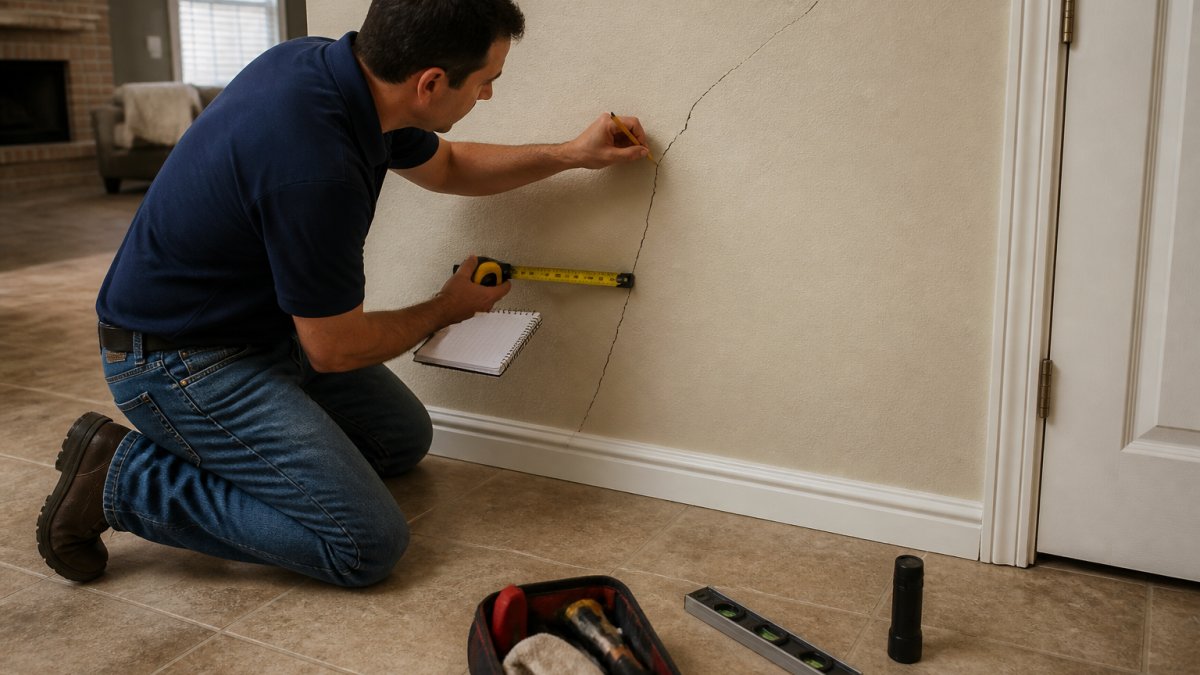 A homeowner kneeling beside an interior wall, holding a tape measure and a small notebook, marking the end of a thin diagonal crack with a pencil