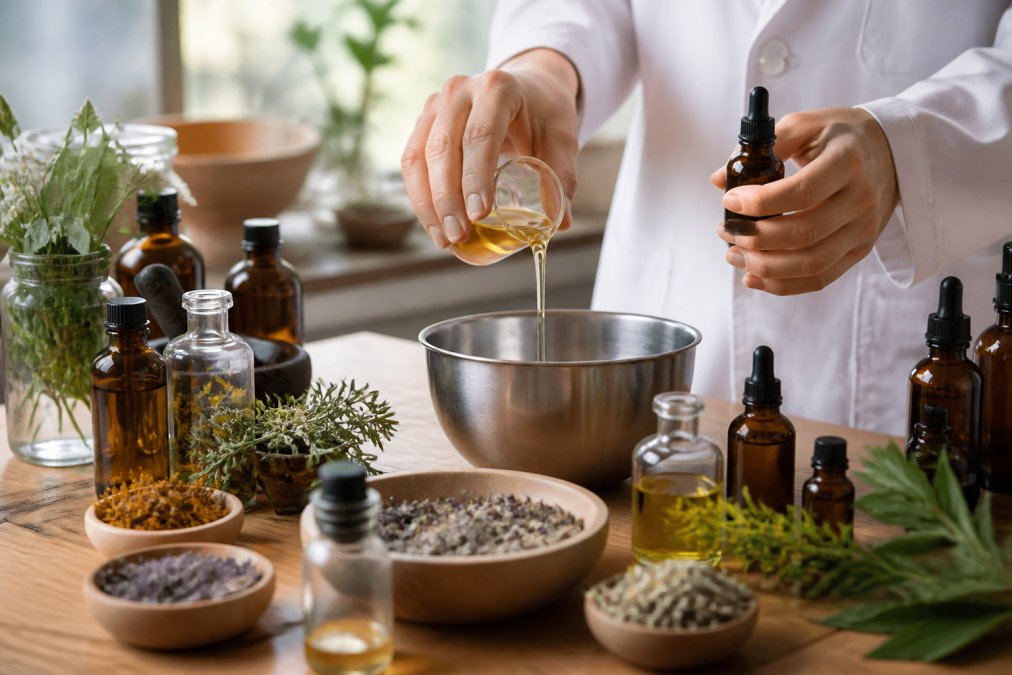 Mani che versano oli ed estratti botanici per creare cosmetici artigianali in un laboratorio naturale