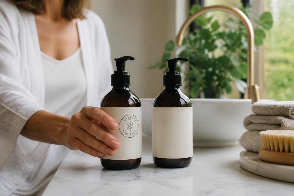 Close-up of two haircare bottles on a bathroom counter, one with a visible organic certification logo on the label, natural morning light, hands of a woman in her forties reaching for one