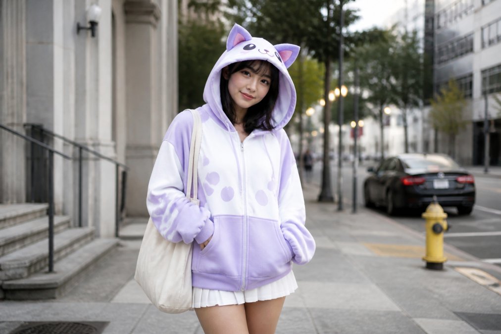 Young woman wearing a kawaii animal ear hoodie and carrying a tote bag while posing on a city street in cosplay hoodies style