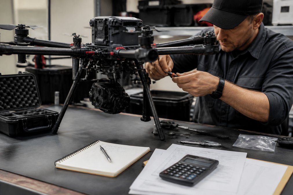 Professional drone technician inspecting advanced commercial drone on workbench with calibration tools, documentation, and FLIR thermal imaging payload visible under bright workshop lighting