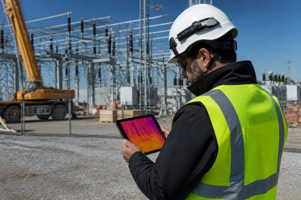 Certified drone pilot reviewing thermal aerial inspection footage on tablet at industrial infrastructure site with construction cranes and equipment visible in background under clear daylight
