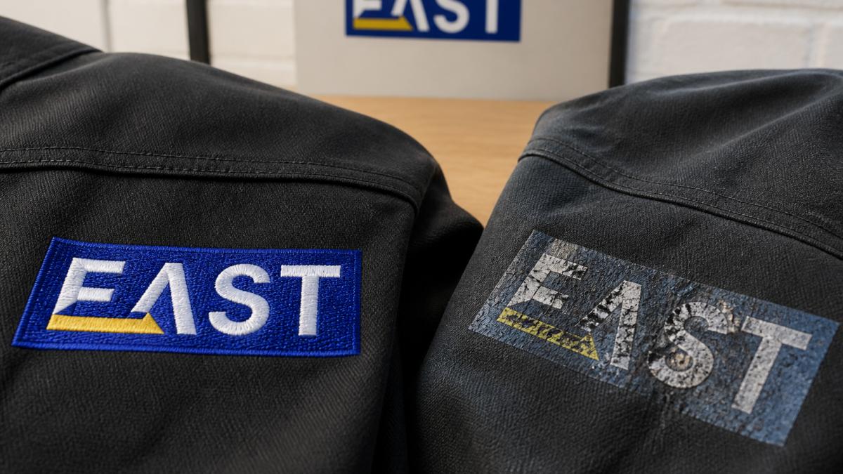 Close-up of embroidered logo on workwear showing fine thread detail and crisp stitching, with worn and cracked printed logo on similar garment beside it for direct comparison