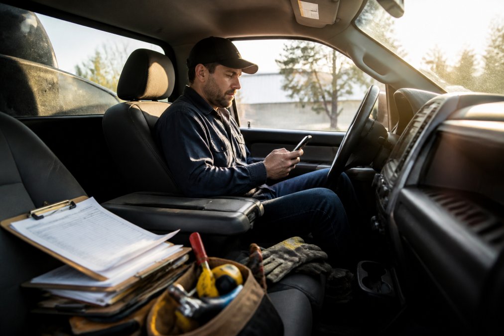 Field technician in work truck checking mobile phone for job updates and customer information, with paperwork, tools, and scheduling clipboard visible on passenger seat in morning sunlight