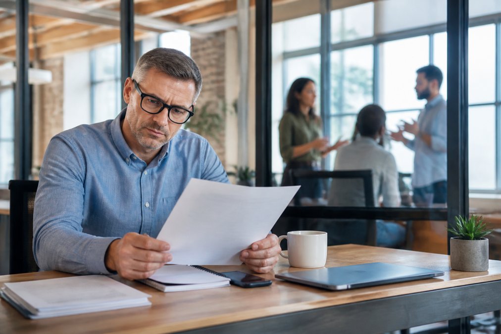Small business owner reviewing financial data and performance metrics on laptop in office with team members collaborating and discussing strategy in background through glass walls, natural office lighting