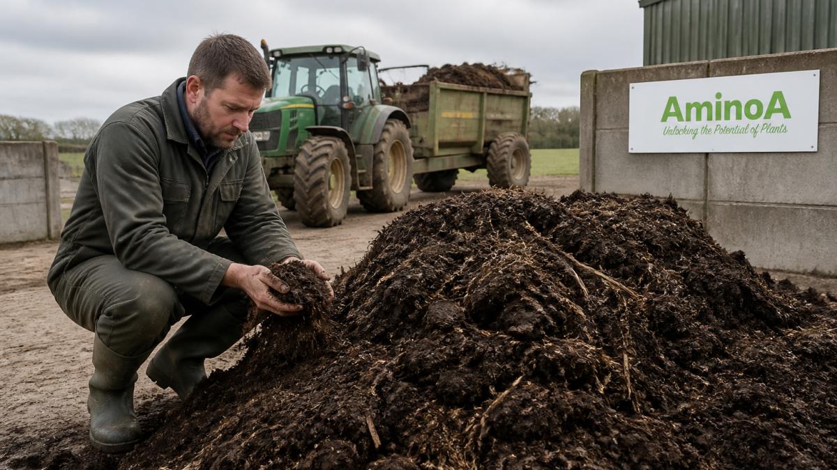 A farmer in work clothes and wellington boots inspecting a heap of dark compost in a farmyard, with a tractor and muck spreader visible in the background under overcast British skies