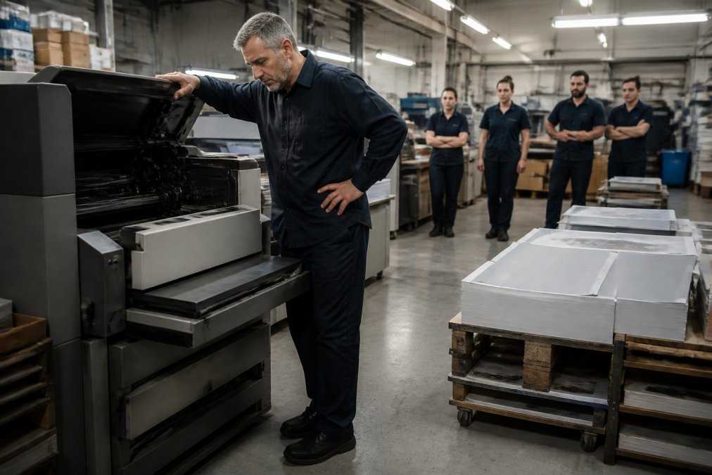Production manager inspecting a stalled laser printer while staff wait during downtime, highlighting the need for printer