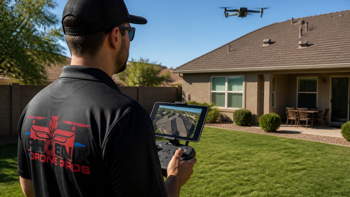 Drone pilot using property inspection tools to analyze a residential roof via aerial live feed technology