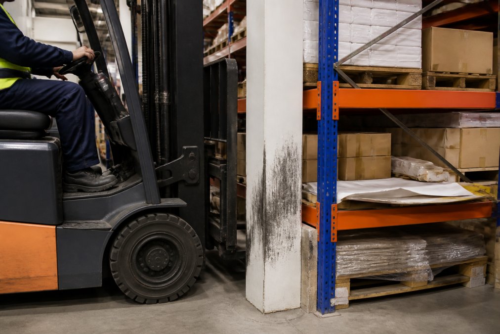 A retail stockroom aisle with a forklift truck navigating close to a shelving unit, showing the potential impact point on a column