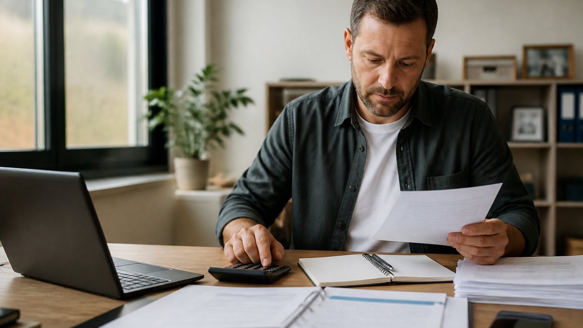 Home services business owner reviewing financial documents and laptop spreadsheet at desk with calculator and pen, focused expression while analyzing numbers, natural office lighting