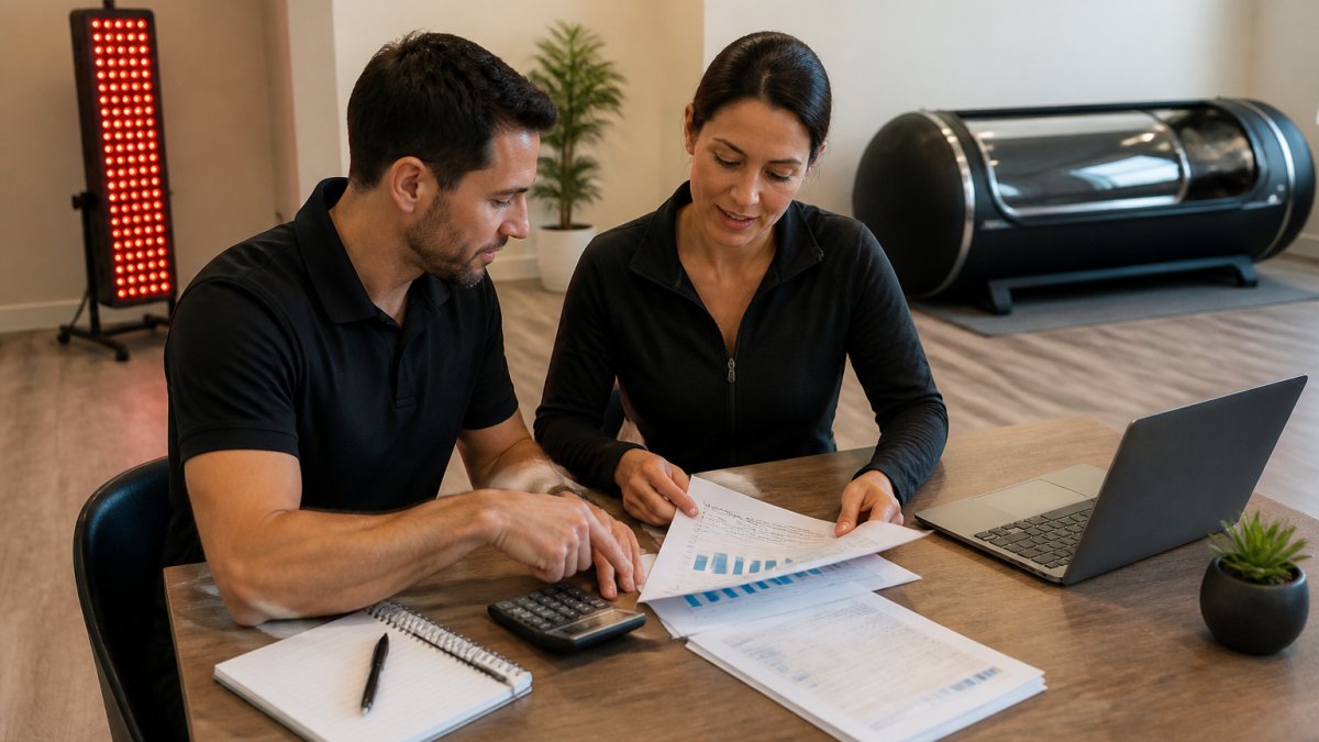 Business owner and manager reviewing financial documents in a modern clinic with wellness recovery rooms
