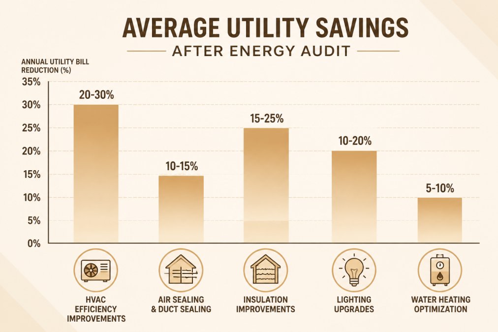 Bar chart showing typical annual utility bill reductions by category: HVAC efficiency improvements 20-30%, air sealing and duct sealing 10-15%, insulation improvements 15-25%, lighting upgrades 10-20%, water heating optimization 5-10%