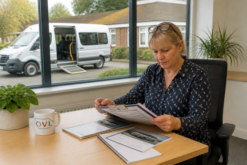 A care home manager in a bright office reviewing vehicle specifications on a clipboard with a minibus visible through the window behind them