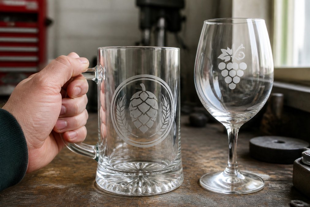 Close-up of a glass beer stein with an etched logo being held next to a screen-printed wine glass on a workshop bench, natural light showing the difference in finish