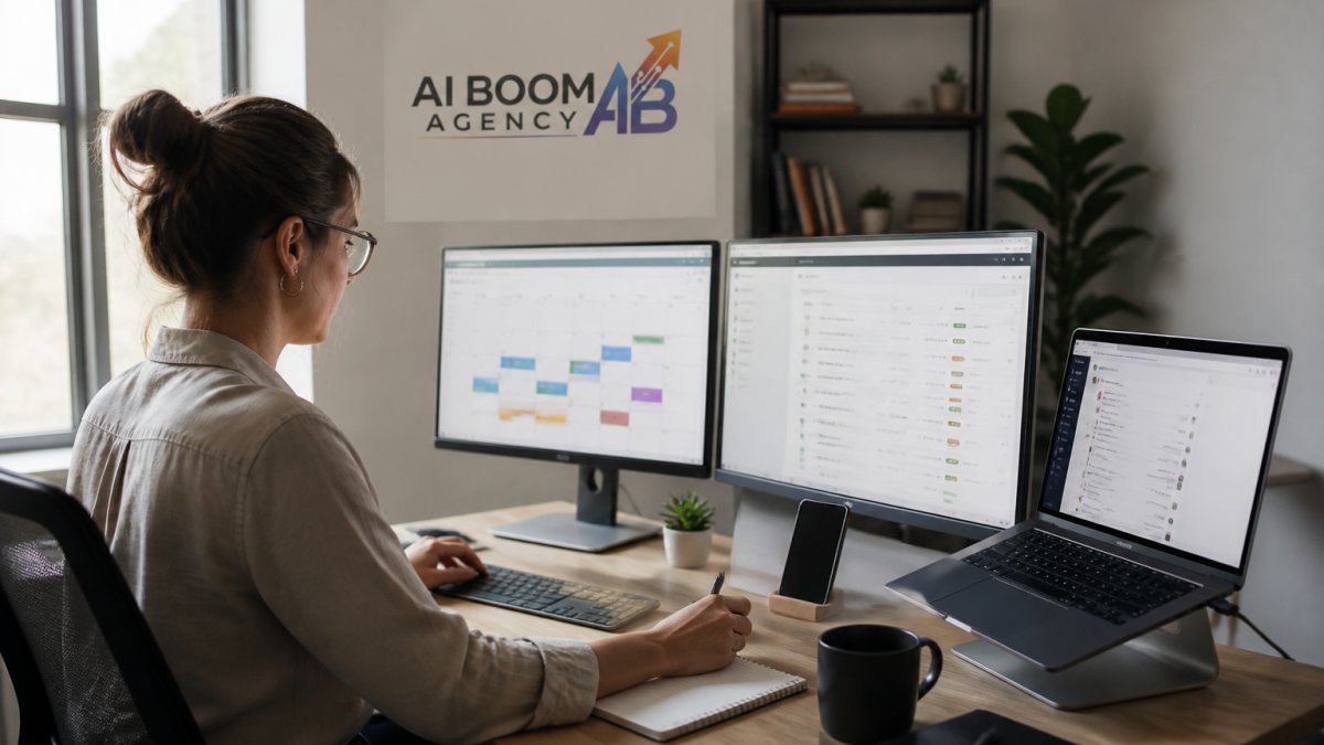 Small business owner at desk reviewing automated workflow on computer screen with calendar and scheduling tools visible, natural office lighting