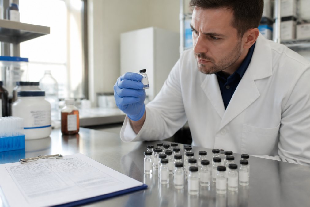 Researcher examining multiple labeled peptide vials arranged on a laboratory bench with a Certificate of Analysis document visible, natural laboratory lighting