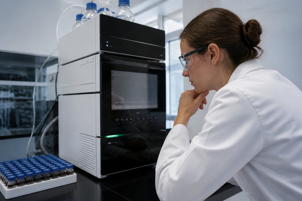 Laboratory technician in white coat carefully examining an HPLC instrument display screen showing chromatography results, with peptide vials arranged on the bench beside the equipment
