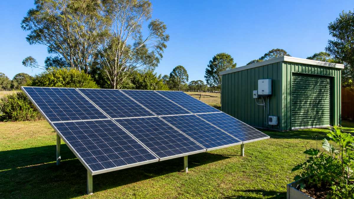 A ground-mounted solar array in a large backyard with a solar shed, panels angled toward the afternoon sun under clear skies