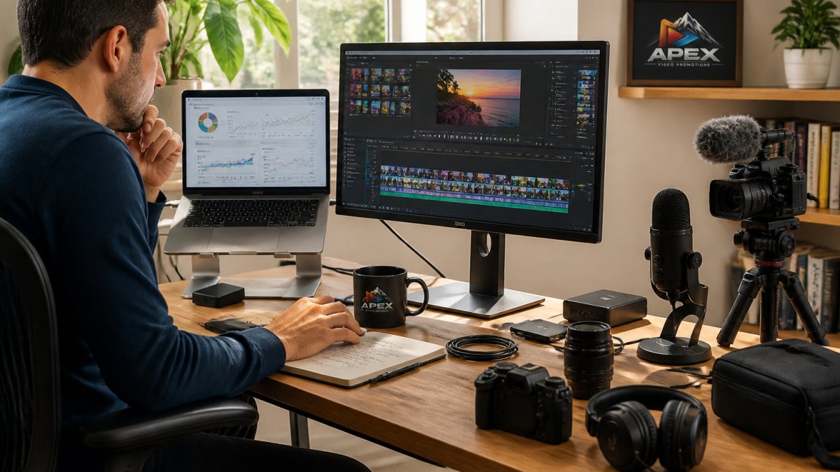 Small business owner at desk reviewing social media analytics and promotional video content on multiple screens with natural window lighting