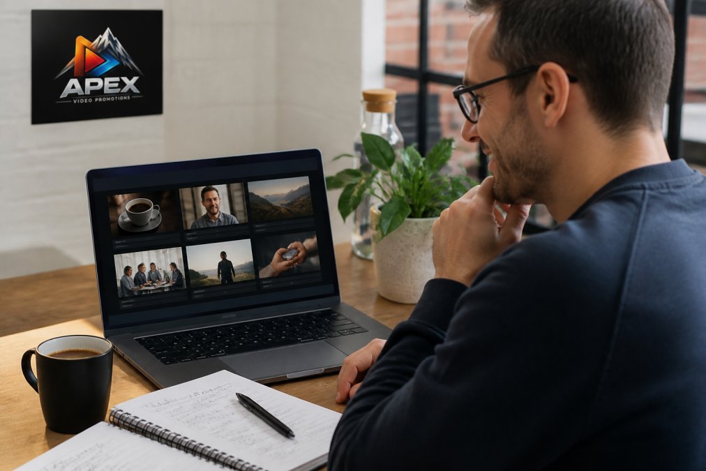 Small business owner reviewing video concepts on a laptop screen, with handwritten notes and a coffee cup on the desk beside the keyboard, looking satisfied with the results