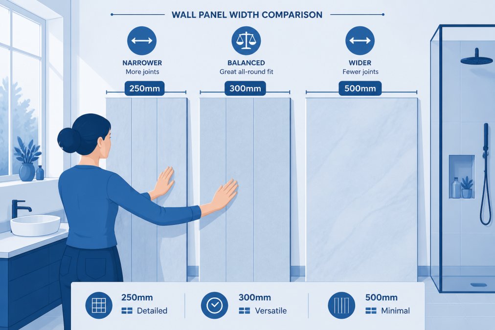 Homeowner examining and comparing different width wall panel samples side-by-side, running hands across 250mm, 300mm, and 500mm panels to assess texture and fit in a bright bathroom setting with natural window light