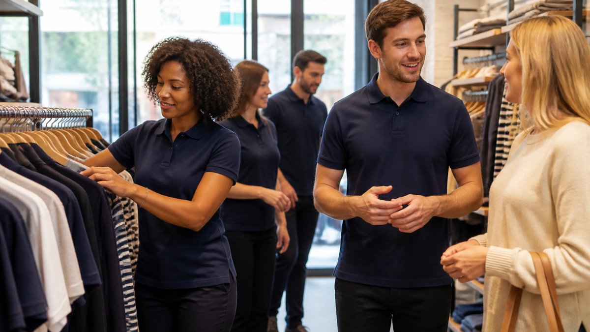 Retail team of mixed genders wearing matching branded navy polo shirts while assisting customers on a busy shop floor, natural daylight through storefront windows, relaxed but professional posture