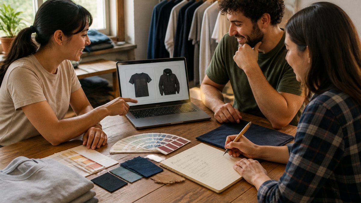 A small group of people gathered around a wooden table with fabric swatches, a laptop showing a design mockup, and a handwritten notepad with size lists, warm afternoon light through a window