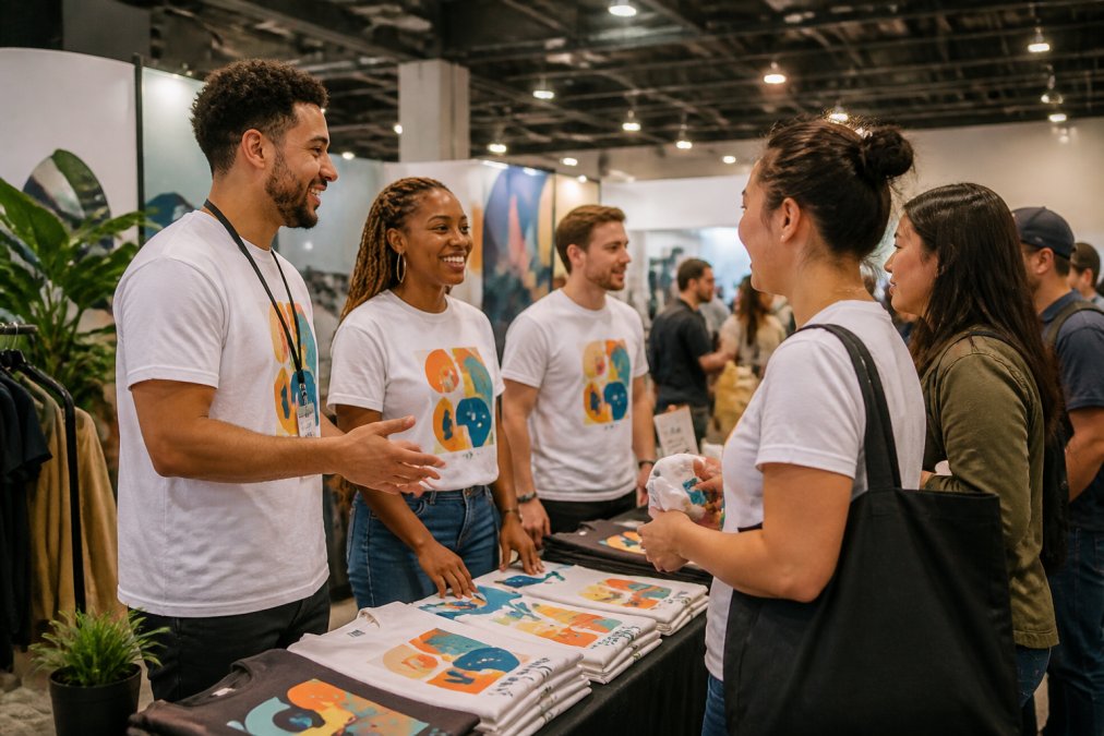 Event attendees wearing branded custom t-shirts at a trade show booth, smiling and conversing with staff members in a busy convention center