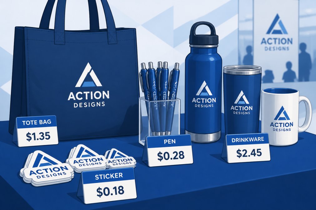 Close-up of a trade show booth table display featuring various promotional items including custom tote bags, branded pens, stickers with logos, and drinkware arranged professionally