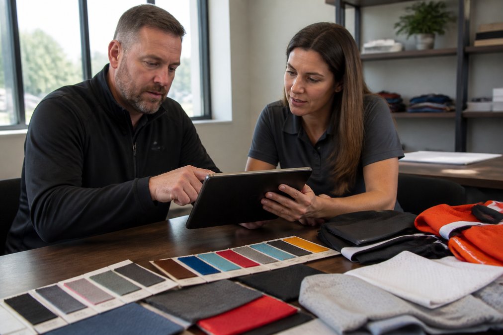 A coach and a team manager reviewing fabric swatches and a digital design mockup on a tablet in a bright office, natural lighting