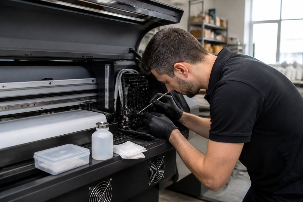Technician performing preventive maintenance on a wide format printer, cleaning printheads with specialized tools and lint-free swabs in a professional print shop environment