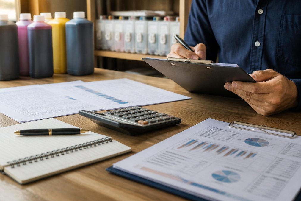 Print shop owner reviewing supply inventory and cost records on a clipboard next to stacked ink bottles and refillable cartridges in organized storage