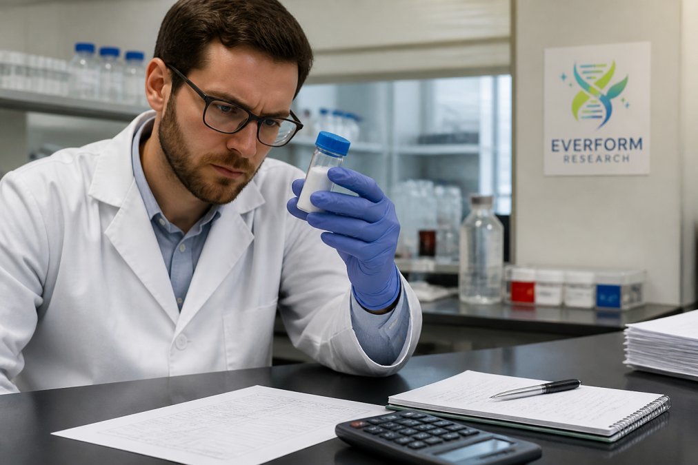 A researcher in a white lab coat examining a vial of lyophilized peptide powder next to a printed certificate of analysis on a clean laboratory bench
