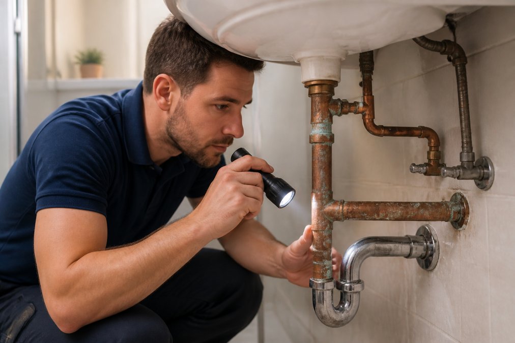 Professional plumber inspecting pipes under a sink with a flashlight, checking for corrosion and water stains on copper tubing in a residential bathroom