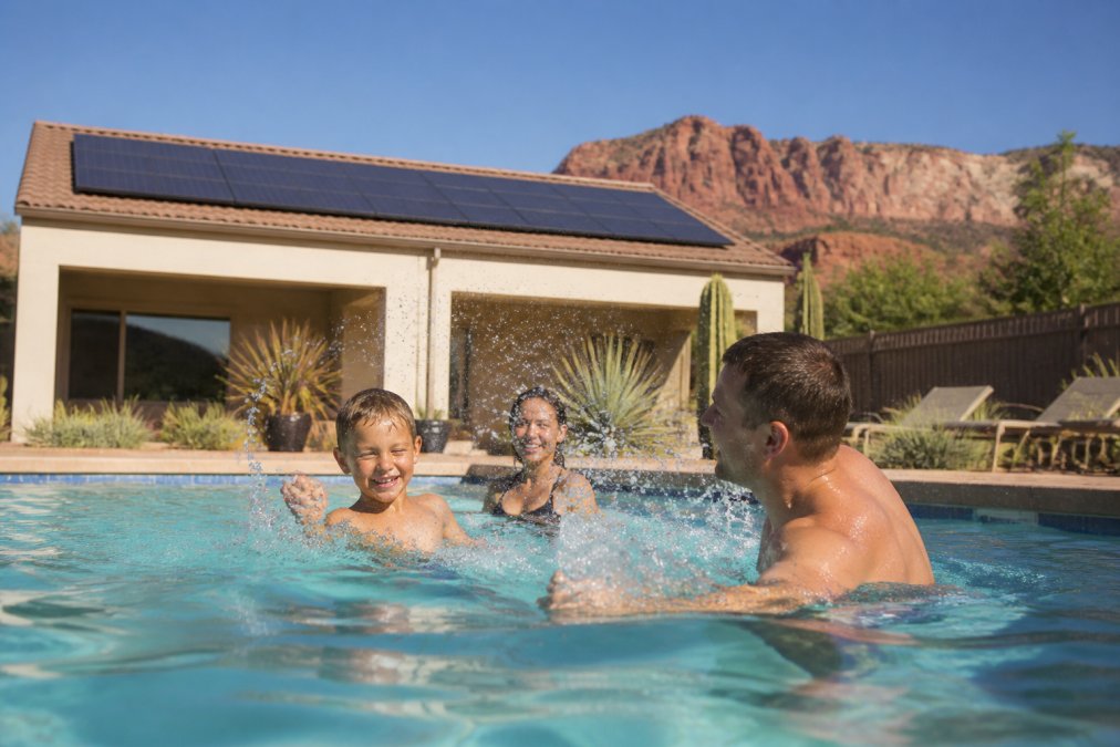 A family splashing in a backyard pool on a bright spring afternoon, with solar thermal panels clearly visible on the roof of the house in the background, red rock cliffs in the distance