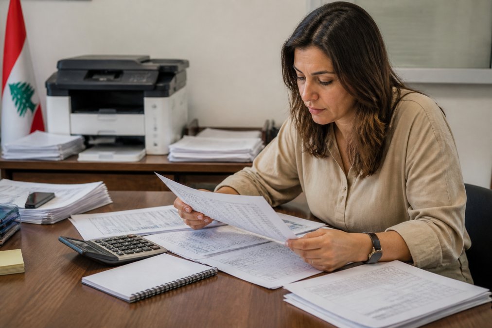 NGO worker reviewing donor letters and spreadsheets near a printer to manage cost effective printing