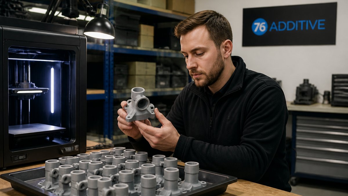 Design engineer inspecting a 3D-printed component for cost effective production in a UK workshop