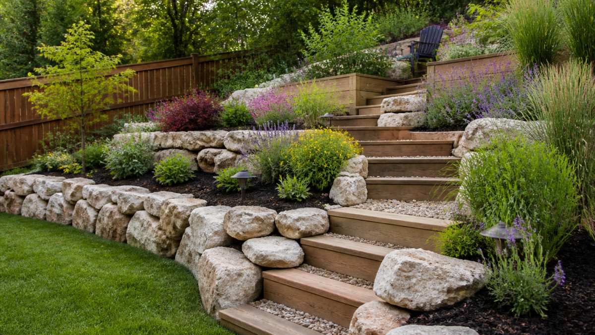 A terraced backyard garden on a sloped yard with timber steps, garden beds, and low stone borders holding back soil, photographed in natural daylight