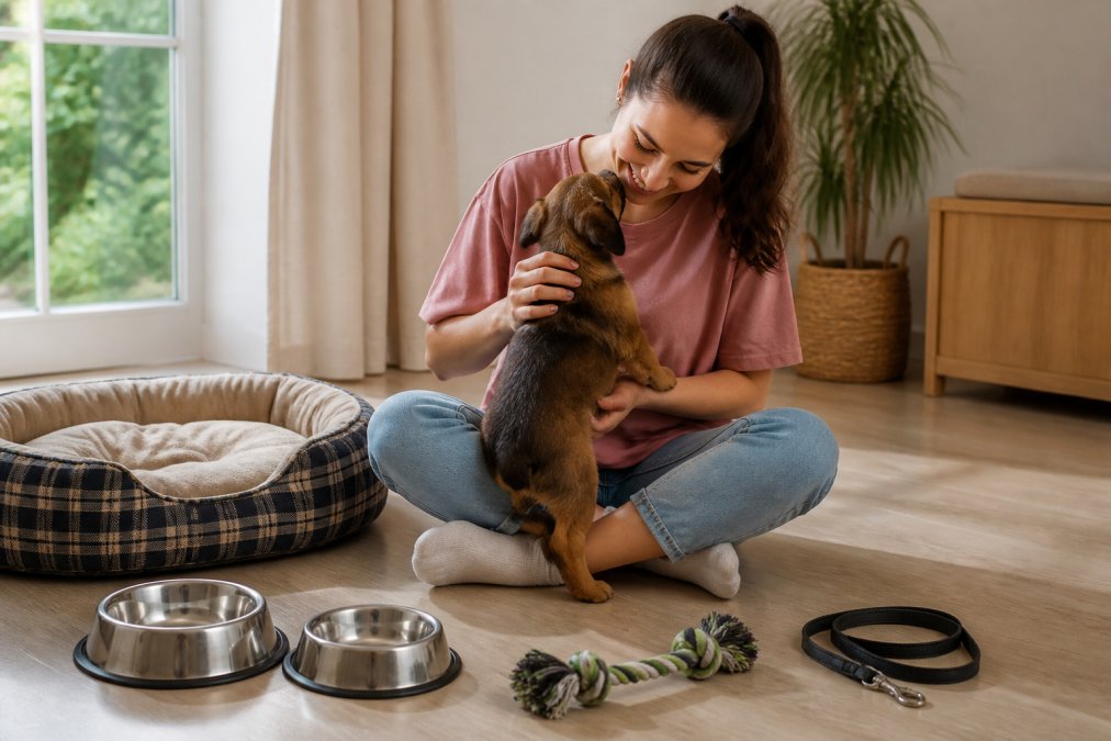 A new dog adopter sitting cross-legged on a light wood floor, a small rescue puppy climbing into their lap, surrounded by a plaid dog bed, two stainless steel bowls, a rope toy, and a leash coiled nearby, soft morning light through a window