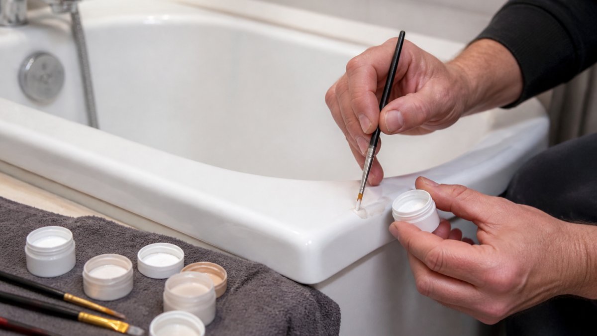 Close-up of a technician's hands carefully colour-matching a repaired section on a white ceramic bath edge, with small pots of tint and fine brushes visible on a cloth beside the bath